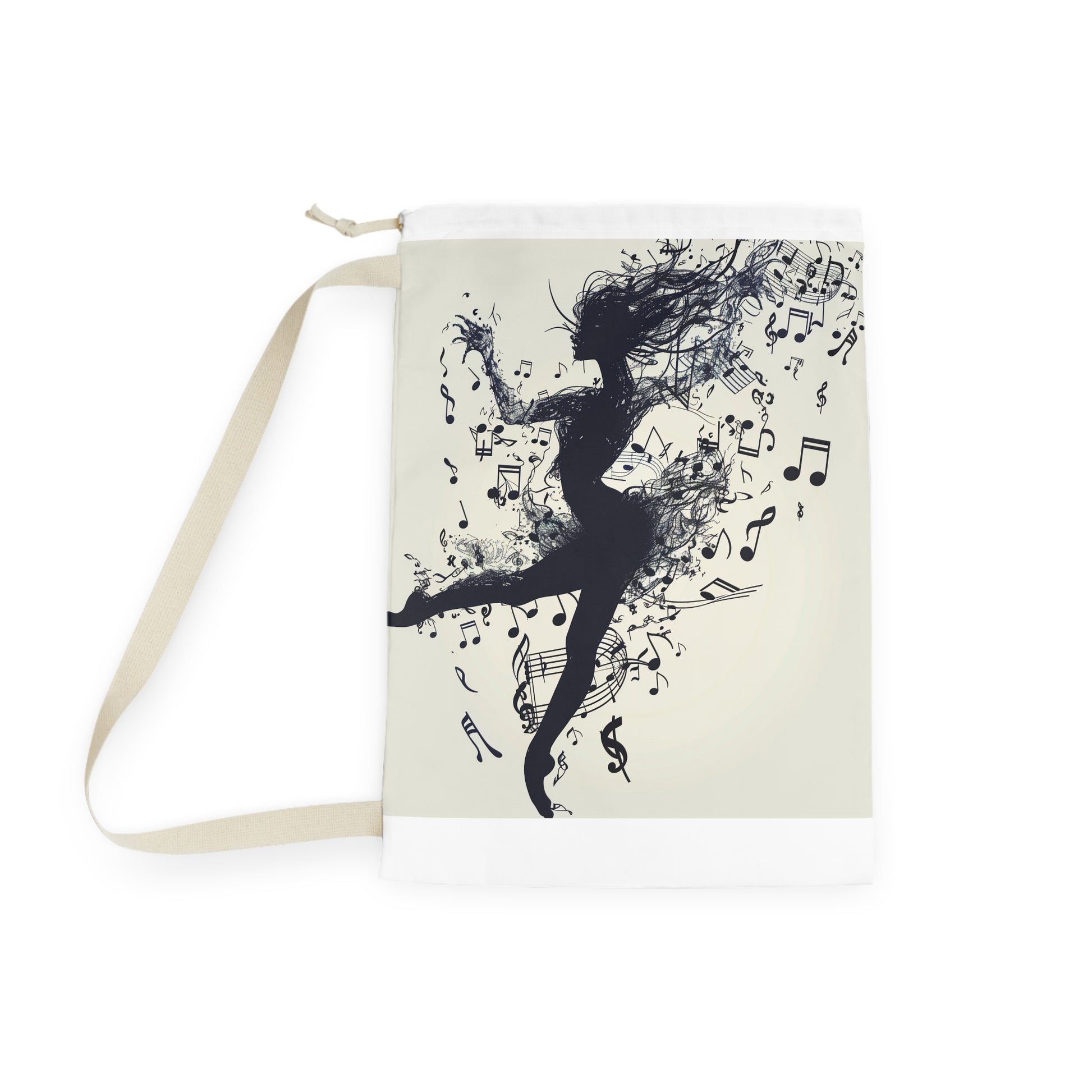 "Stylish dancer silhouette laundry bag with musical notes design for artful chore enhancement"