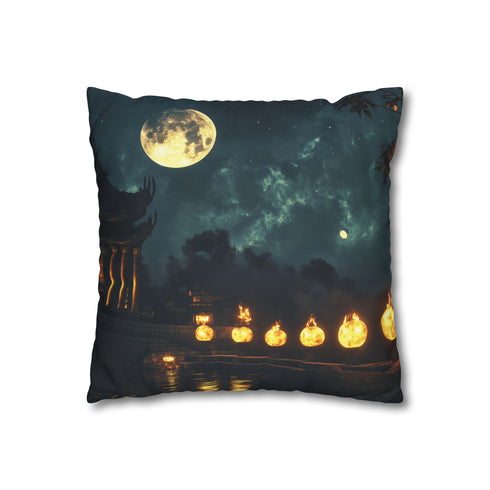 Moonlight Temple with Levitating Torches (Edition II) — 40×40 Cushion Cover — Double-Sided Back & Concealed Zip Detail