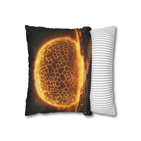 Planet Made of Glowing Honeycomb — 40×40 Cushion Cover — Sofa & Living Room Lifestyle View