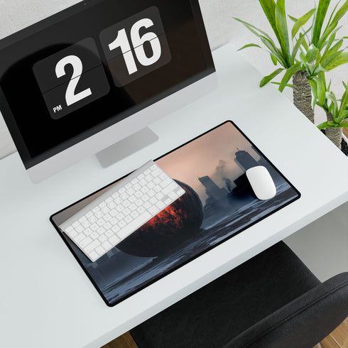 Lava Sphere Orbiting Frozen City — XL & XXL Desk Mat — Product Detail View 7