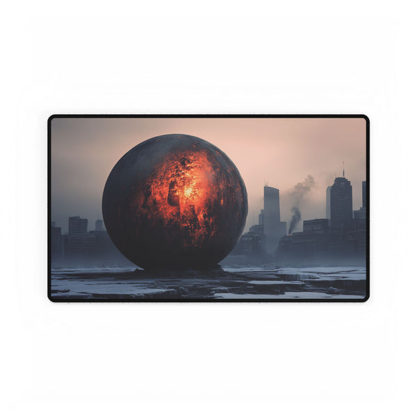 Lava Sphere Orbiting Frozen City — XL & XXL Desk Mat — Gaming & Workspace Desk Setup View