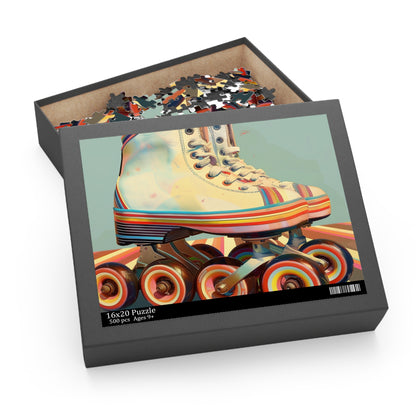 "Retro Skates Puzzle - colorful jigsaw featuring vibrant roller skates stripes, perfect for puzzle enthusiasts"