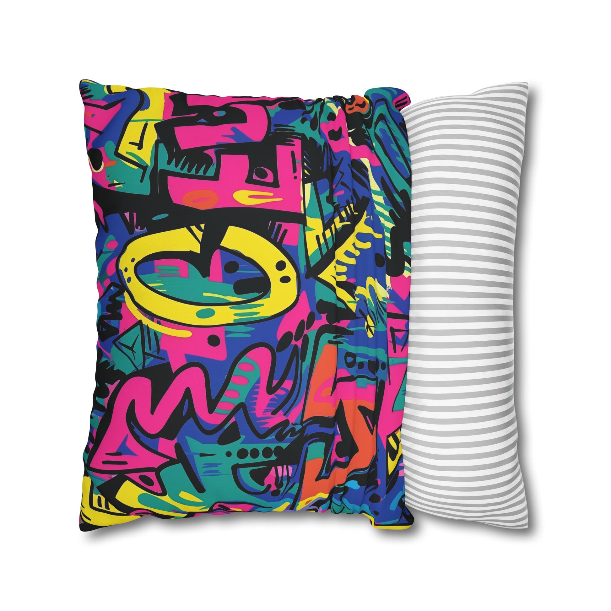 Bright neon graffiti pillowcase for urban vibes in bedroom decor.