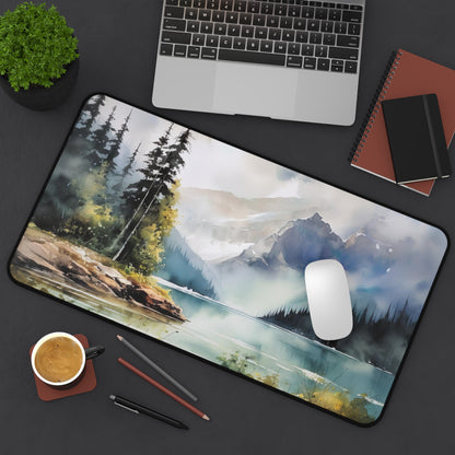 "Wilderness Lake Desk Mat - Tranquil forest scene for enhanced productivity, nature-inspired workspace accessory"