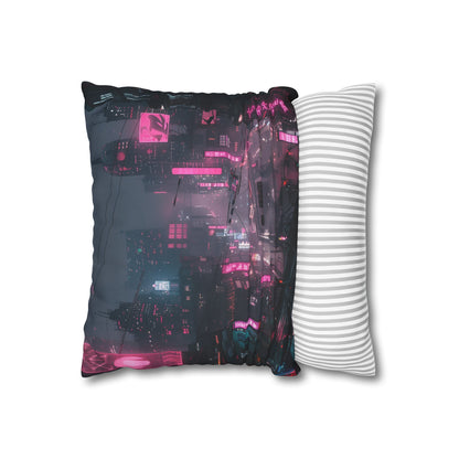 "Neon-lit Cyberpunk Cityscape Dreams Pillowcase - High-quality, stylish design perfect for all seasons"