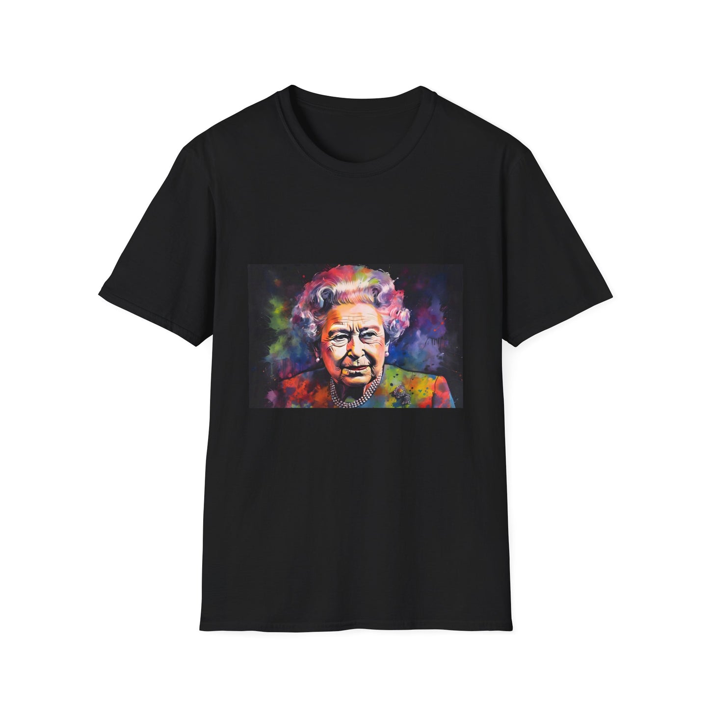 Royal Legacy in Vibrant Radiance | T-Shirt | British, Neon colors, Queen Elizabeth II, Royal fashion, Watercolor portrait | Prints with Passion