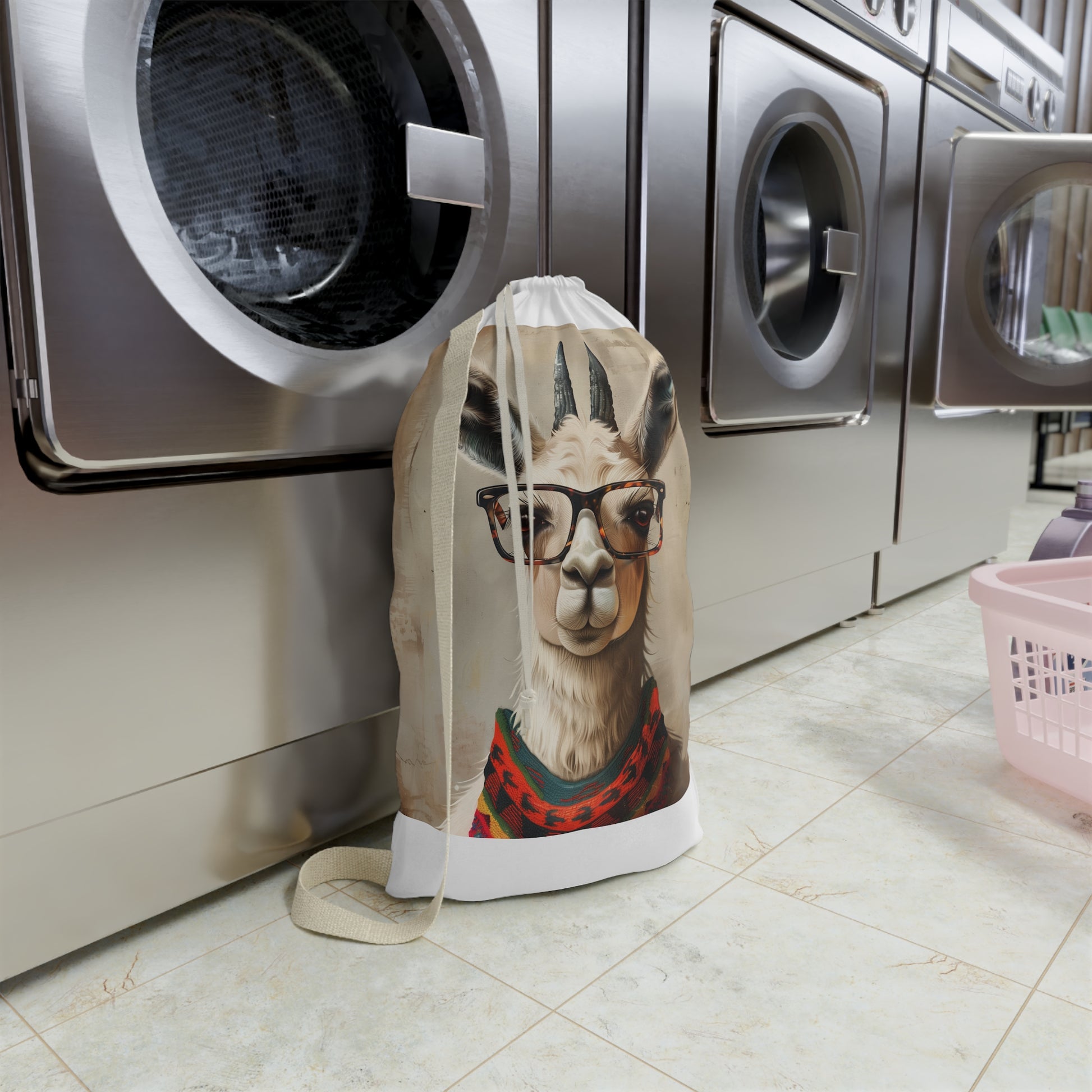 "Adorable Llama Hipster Laundry Bag - Trendy design for organized laundry routine"