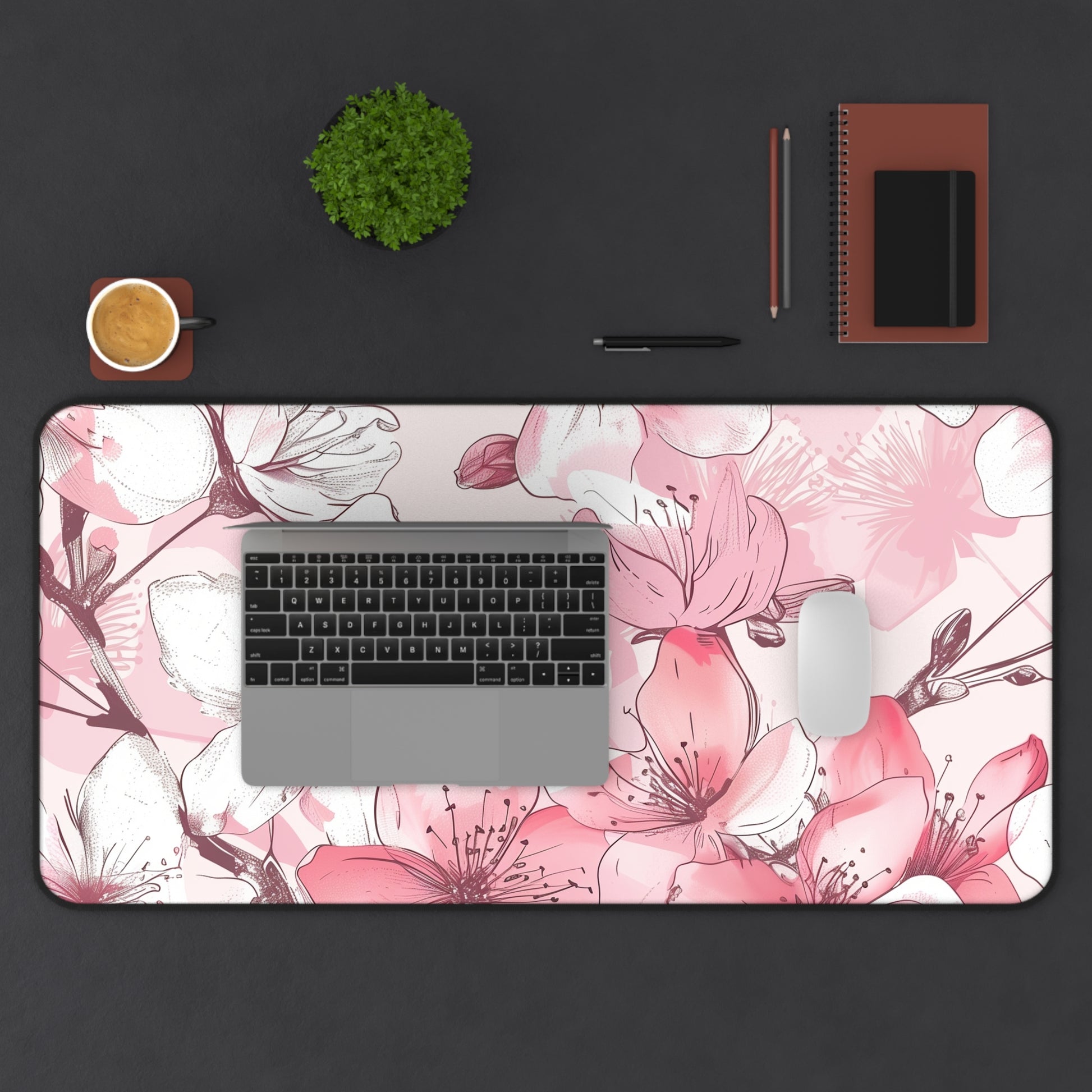 "Stylish Cherry Blossom desk mat in soft pink and white for elegant workspace decor"