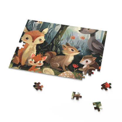 "Enchanted Forest Friends Puzzle: Charming woodland creatures in natural habitat jigsaw"