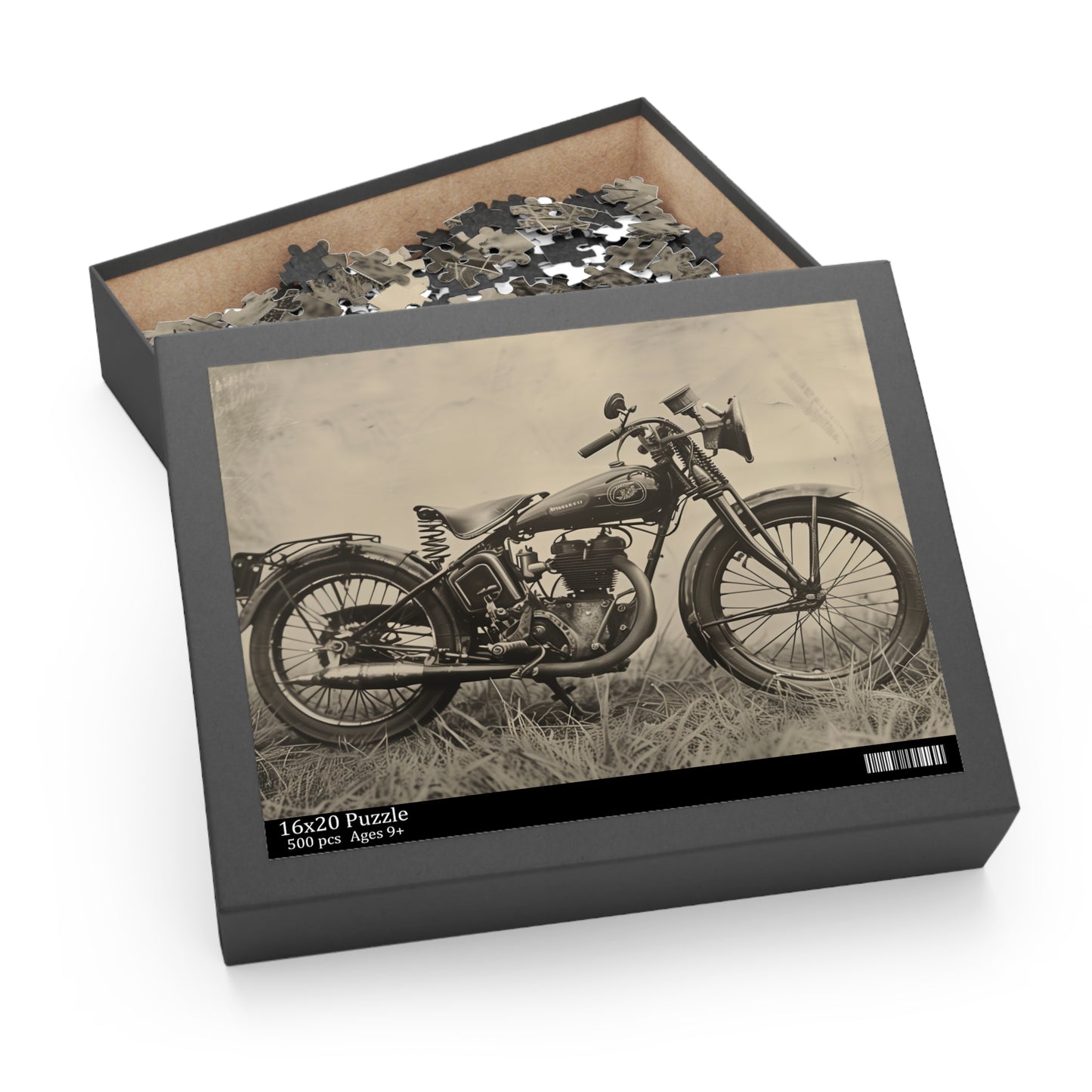 Vintage motorcycle jigsaw puzzle with intricate details and vibrant colors, perfect for motorcycle enthusiasts.