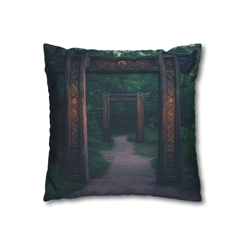 Enchanted Forest Gate with Runes — 40×40 Cushion Cover — Double-Sided Back & Concealed Zip Detail