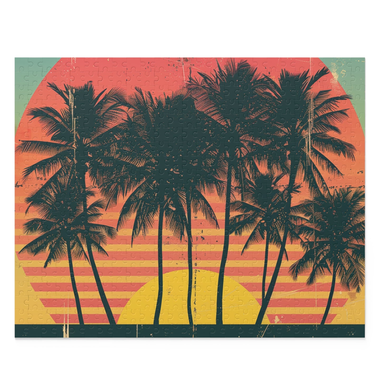 Retro Sunset Palm Tree Jigsaw Puzzle - Relaxing and nostalgic escape featuring stunning sunset and palm trees.