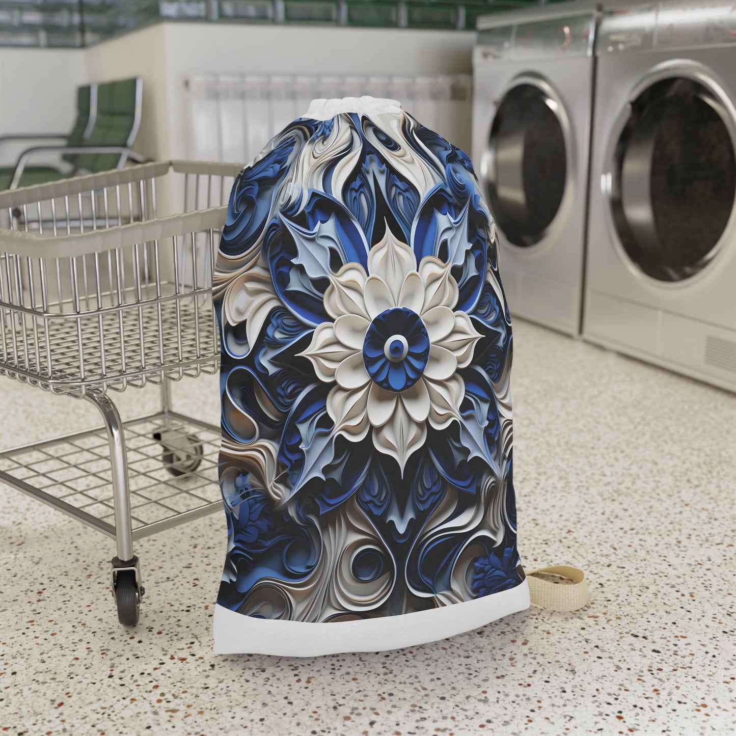 "Blue porcelain texture laundry bag, stylishly elevate your laundry routine with soothing shades of blue and dark colors"