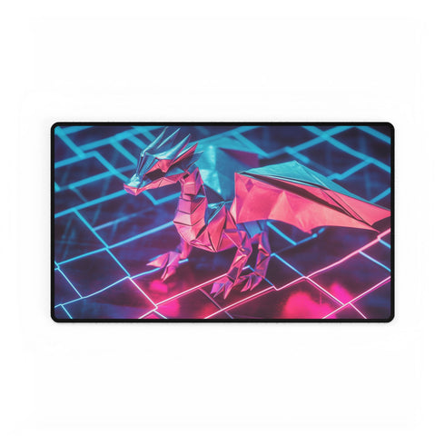 Origami Dragon over a Neon Grid — XL & XXL Desk Mat — Gaming & Workspace Desk Setup View