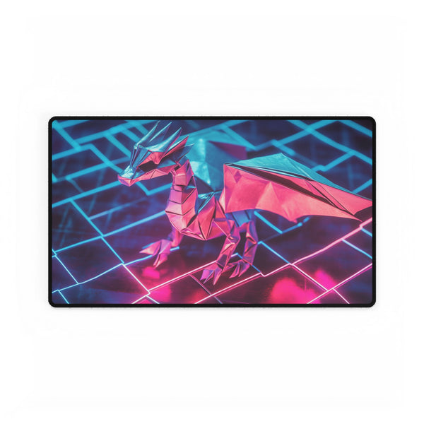 Origami Dragon over a Neon Grid — XL & XXL Desk Mat — Gaming & Workspace Desk Setup View