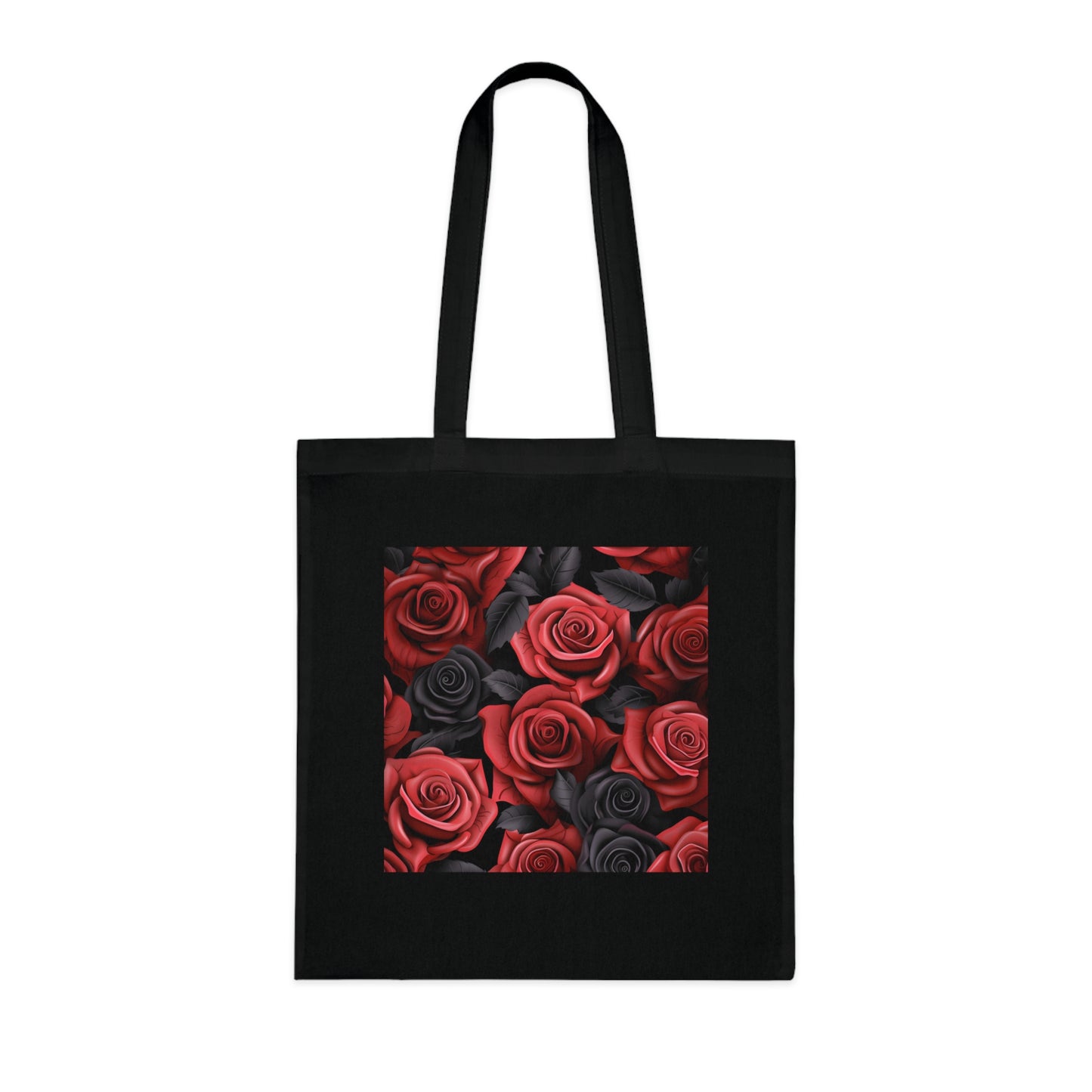 Alt text: "3D Rose Bloom Tote Bag featuring a seamless pattern of red, pink, and black roses in a modern three-dimensional style. High-quality material, comfortable, stylish, and perfect for all seasons. Great gift idea. Shop now at BenCPrints."