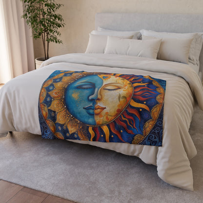 Immerse yourself in the celestial magic of our Sun & Moon Mandala Blanket: A Celestial Tapestry. This blanket features a stunning design of the sun and moon united in a beautiful mandala