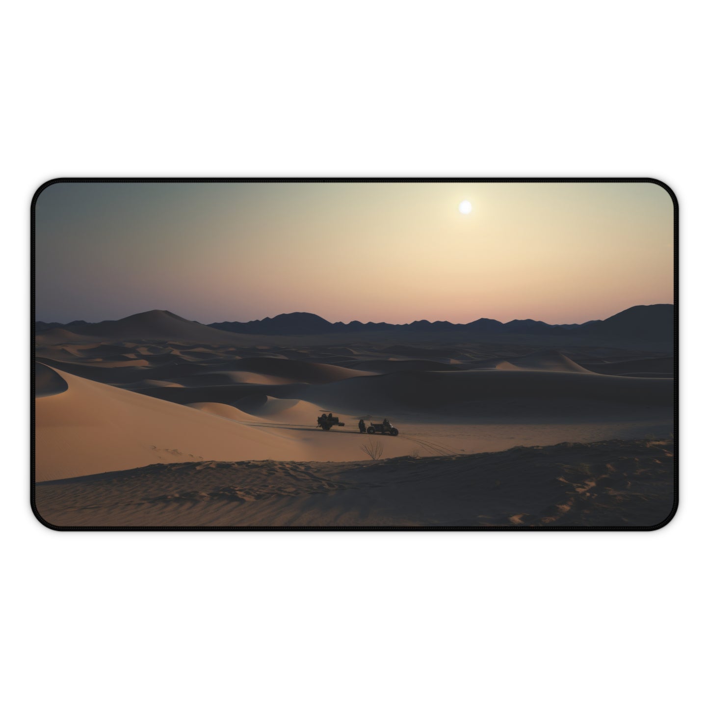 "Moonlit Desert Desk Mat - Transform your workspace with serene desert oasis design, full moon over sand dunes"