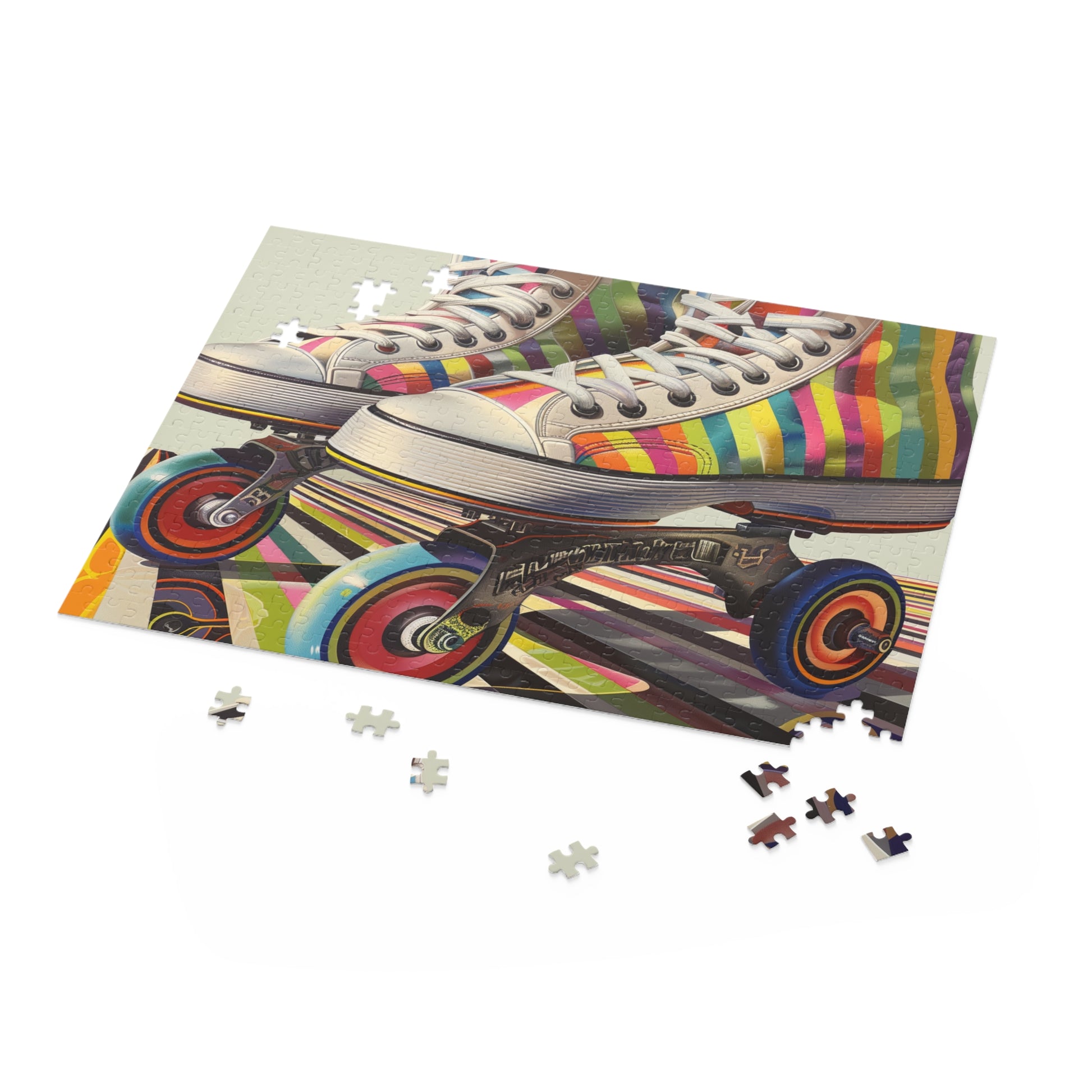 Colorful retro roller skate jigsaw puzzle with stripes, perfect for vintage enthusiasts - Retro Skate Stripe Puzzle