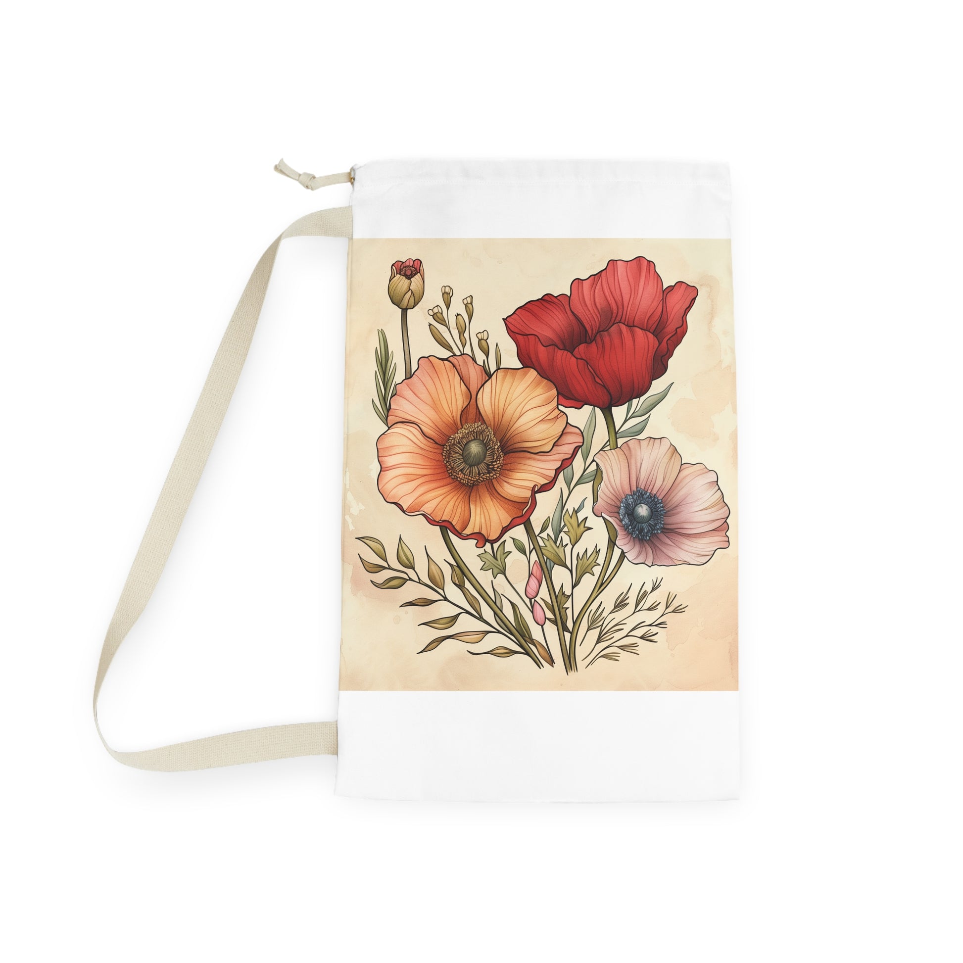 "Floral Fantasy Laundry Bag - Delicate hand-drawn flowers add beauty and whimsy to laundry routine, pop of color for space"