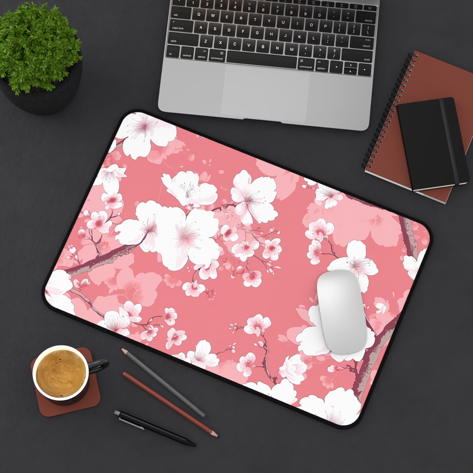 "Cherry Blossom Desk Mat - Elegant pink and white floral pattern to elevate your workspace"