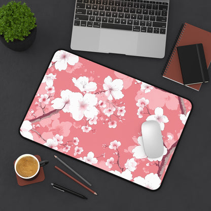 "Cherry Blossom Desk Mat - Elegant pink and white floral pattern to elevate your workspace"