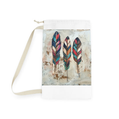 "Bohemian feather laundry bag with whimsical design for stylish and organized laundry routine"