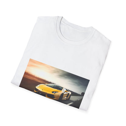 Alt text: "Adrenaline Rush on Four Wheels T-shirt featuring a Lamborghini racing in vibrant colors symbolizing speed and power"