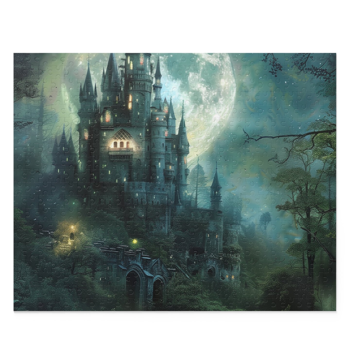 Moonlit Forest Castle Jigsaw Puzzle - Escape into a magical realm with this enchanting fantasy castle puzzle in a moonlit forest.