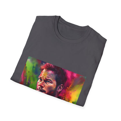 "Neon Watercolor T-shirt featuring 'Adventurous Spirit' design inspired by Chris Pratt's charisma and optimism"