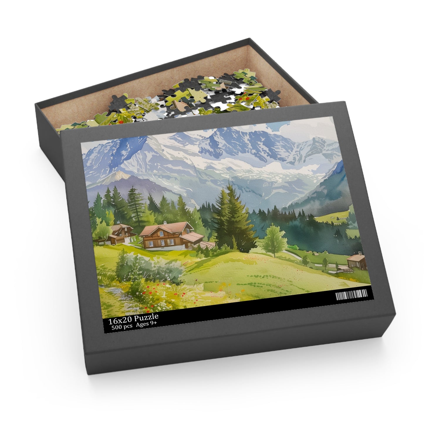 Swiss Alps Watercolor Puzzle - Stunning mountain scene with vibrant hues and intricate details