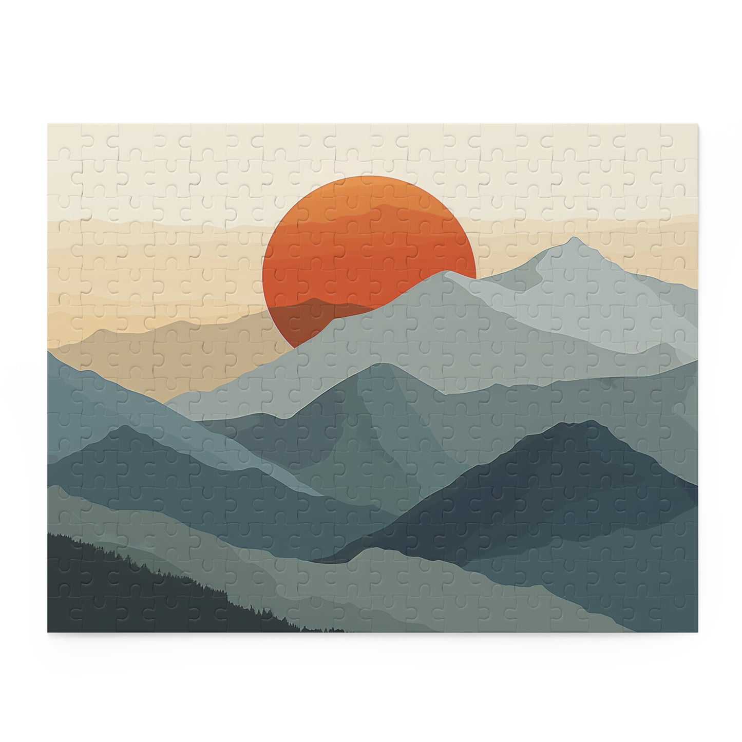 "Sunrise Mountain Range Jigsaw Puzzle - Tranquil nature scene with minimalist design and vibrant colors"