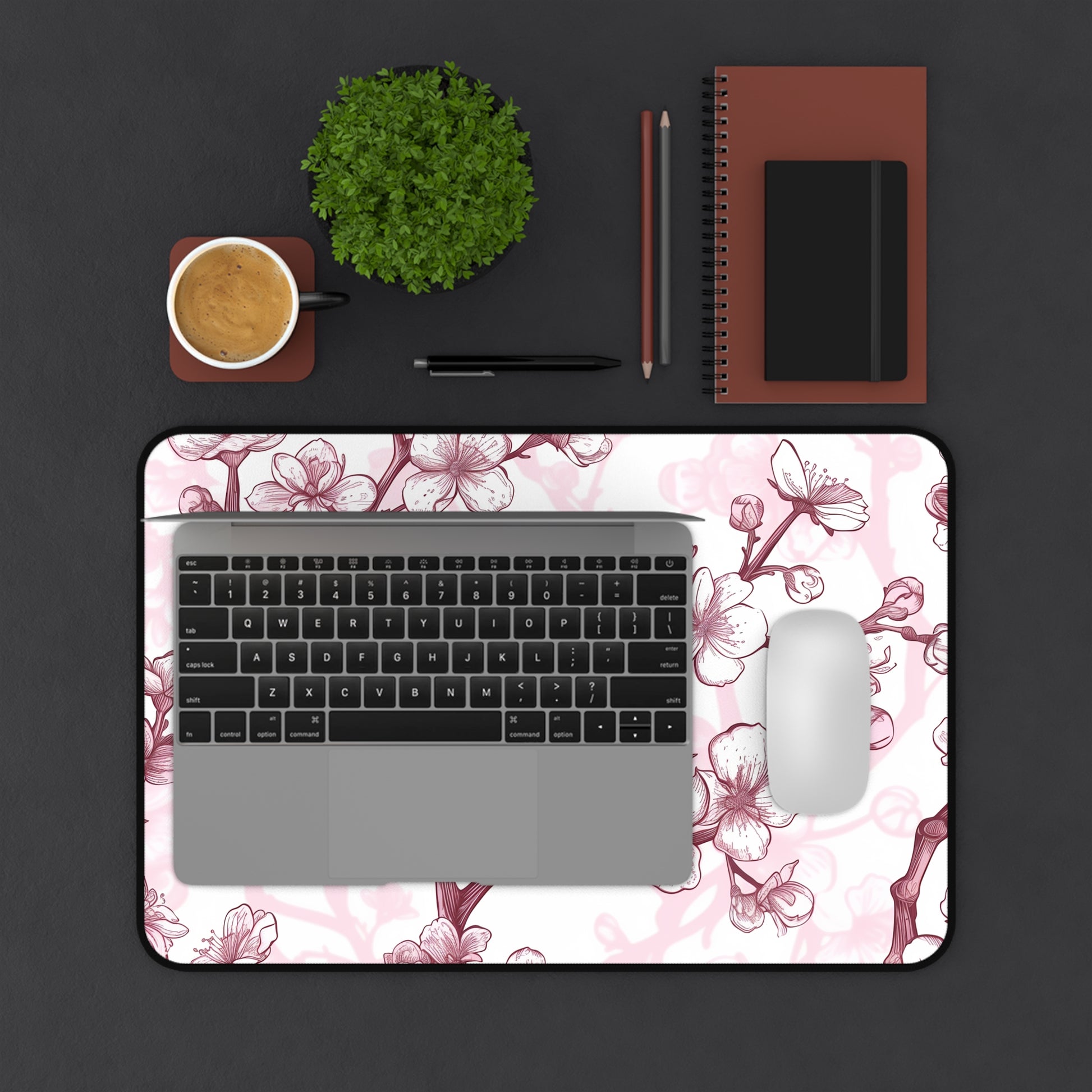 "Transform your work space with elegant Cherry Blossom desk mat in soft pink and white hues"