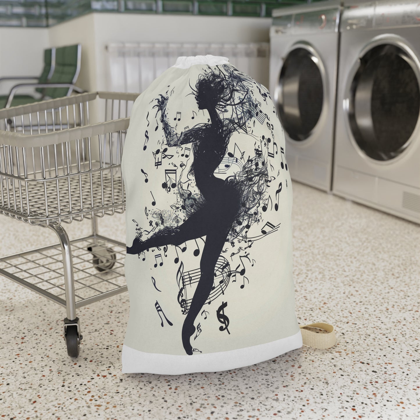 "Dancer's Musical Laundry Bag - Stylish laundry bag with dancer silhouette and musical notes, adding artistry to chores"