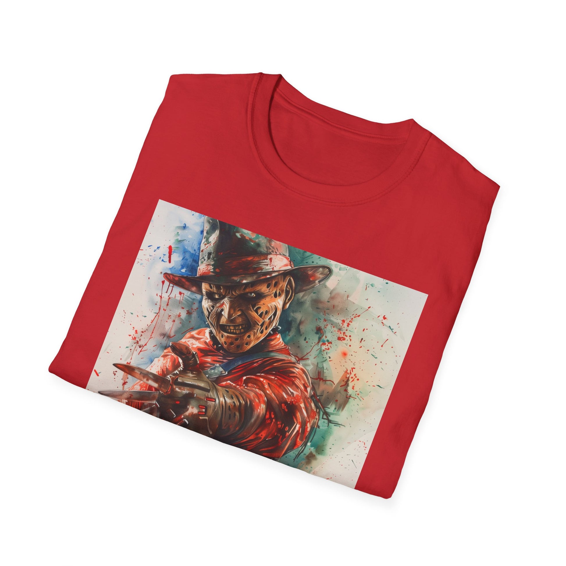 Alt text: "Freddy Krueger t-shirt with menacing visage design, perfect for horror fans and Nightmare on Elm Street enthusiasts"