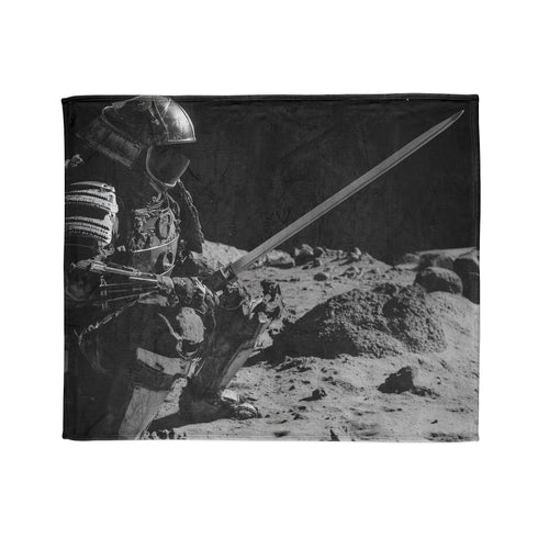 Robot Samurai on Lunar Battlefield — Plush Fleece Throw Blanket — Draped Over Sofa & Bed Lifestyle View