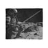 Robot Samurai on Lunar Battlefield — Plush Fleece Throw Blanket — Draped Over Sofa & Bed Lifestyle View