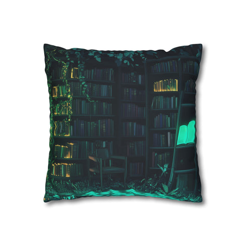 Overgrown Library with Glowing Books (Edition II) — 40×40 Cushion Cover — Double-Sided Back & Concealed Zip Detail