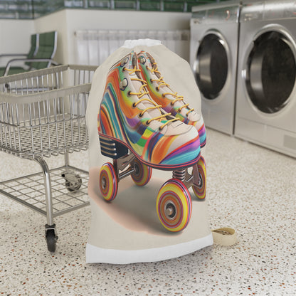 Colorful retro roller skate-themed laundry bag with stripes, perfect for adding fun to laundry routine.