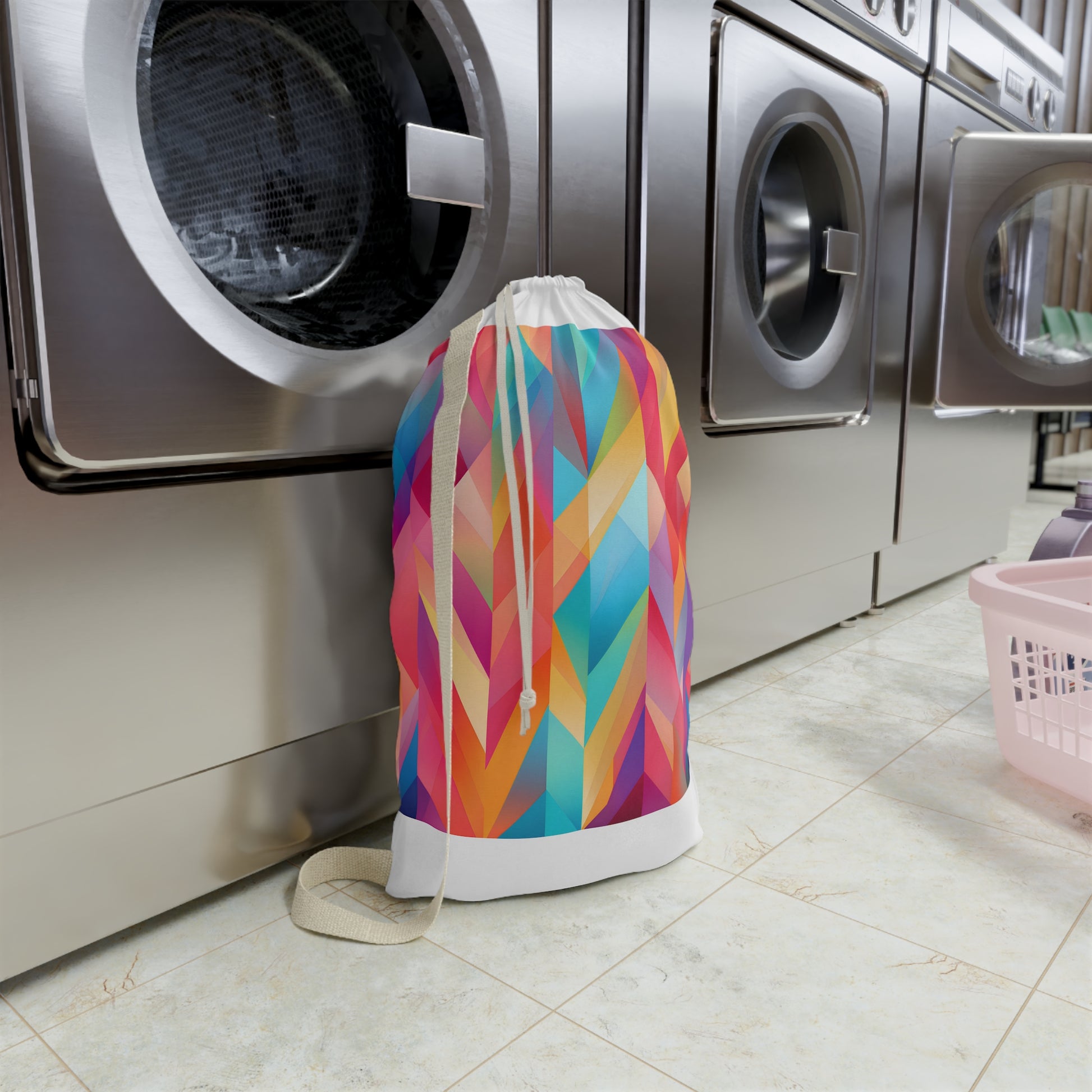 "Summer Geometric Laundry Bag - Stylish bag with abstract pattern in vibrant colors for a fun laundry experience"