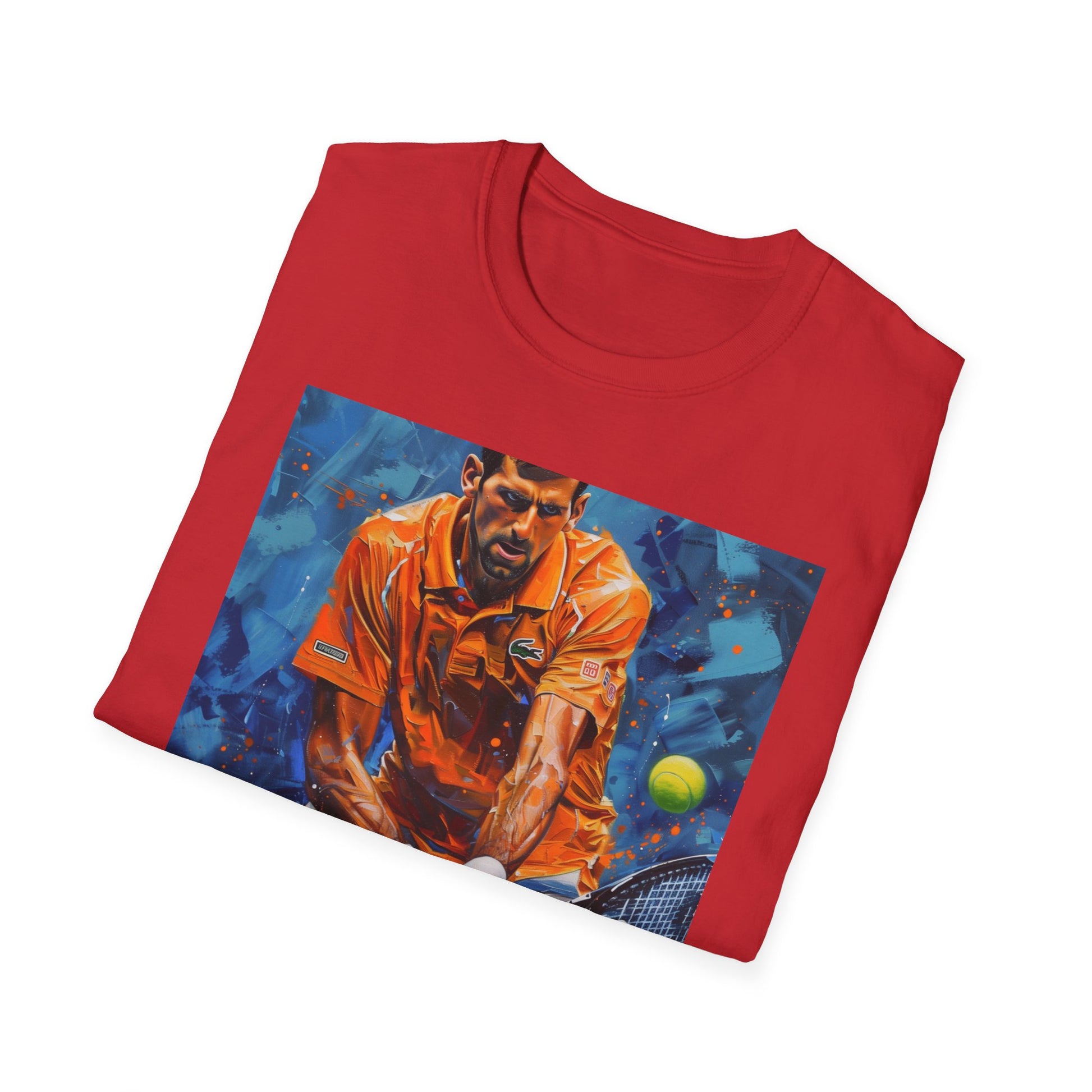 Alt text: "Ace of the Court: The Unrivaled Mastery of Djokovic - Djokovic Painting T-shirt depicting the legendary player in vibrant colors and dynamic brushstrokes, embodying his precision, agility, and fierce competitive spirit. Embrace challenges and pursue excellence with this inspiring tee."