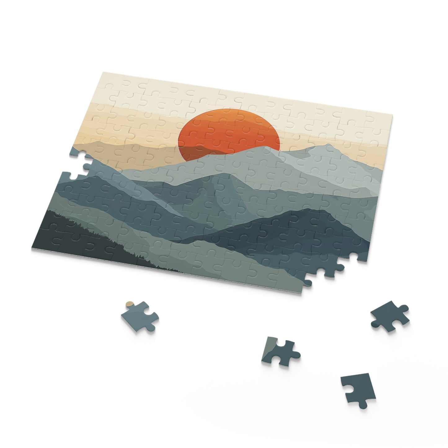 Sunrise Mountain Range Puzzle - Serene nature scene jigsaw puzzle with mountain silhouette and rising sun.