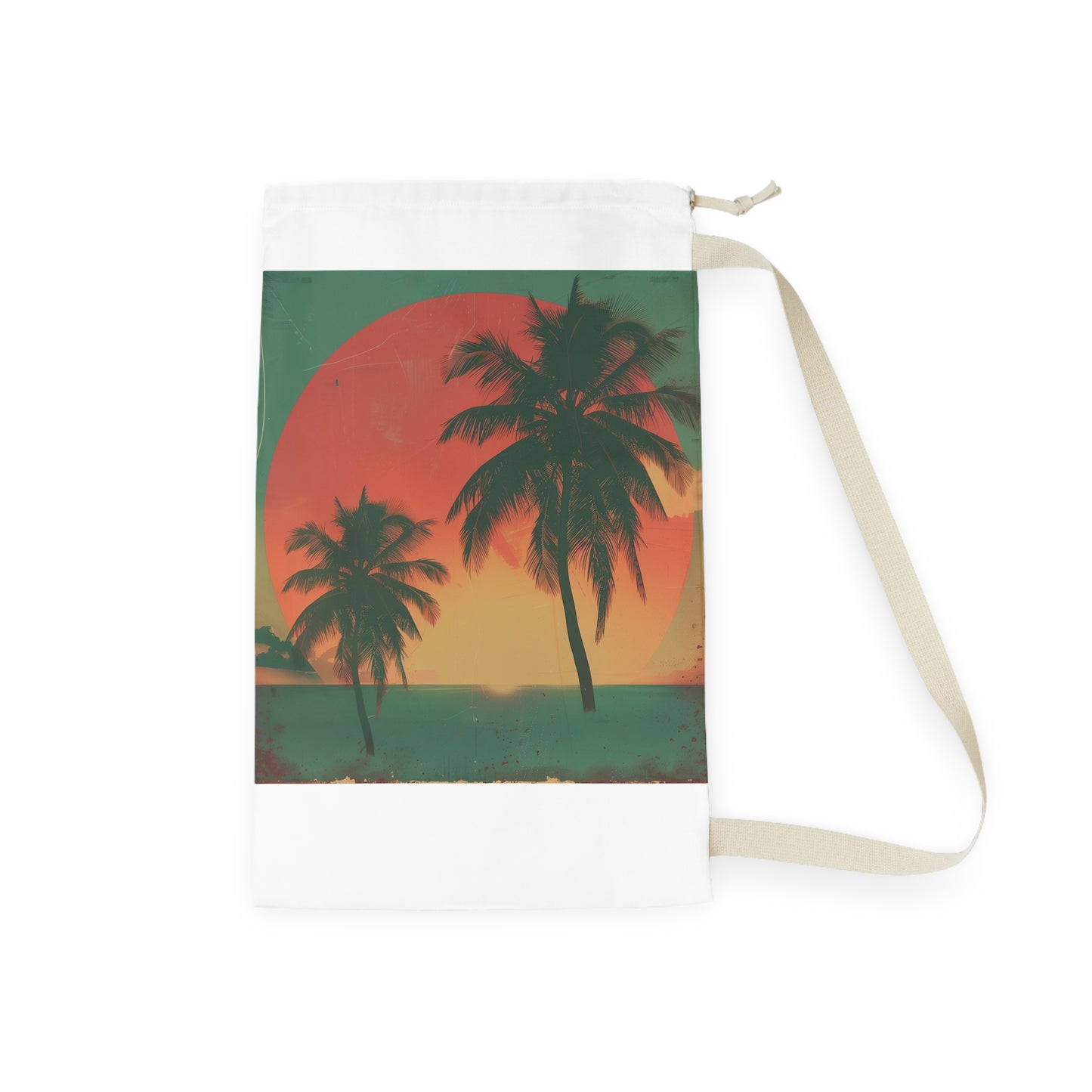 "Retro palm tree laundry bag with sunset print for stylish storage"