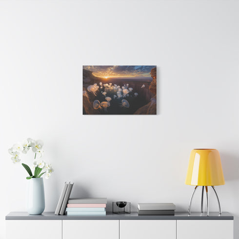 Sunset Canyon with Floating Bioluminescent Jellyfish — Canvas Wall Art — Kiln-Dried Pine Frame & Ready-to-Hang Back View