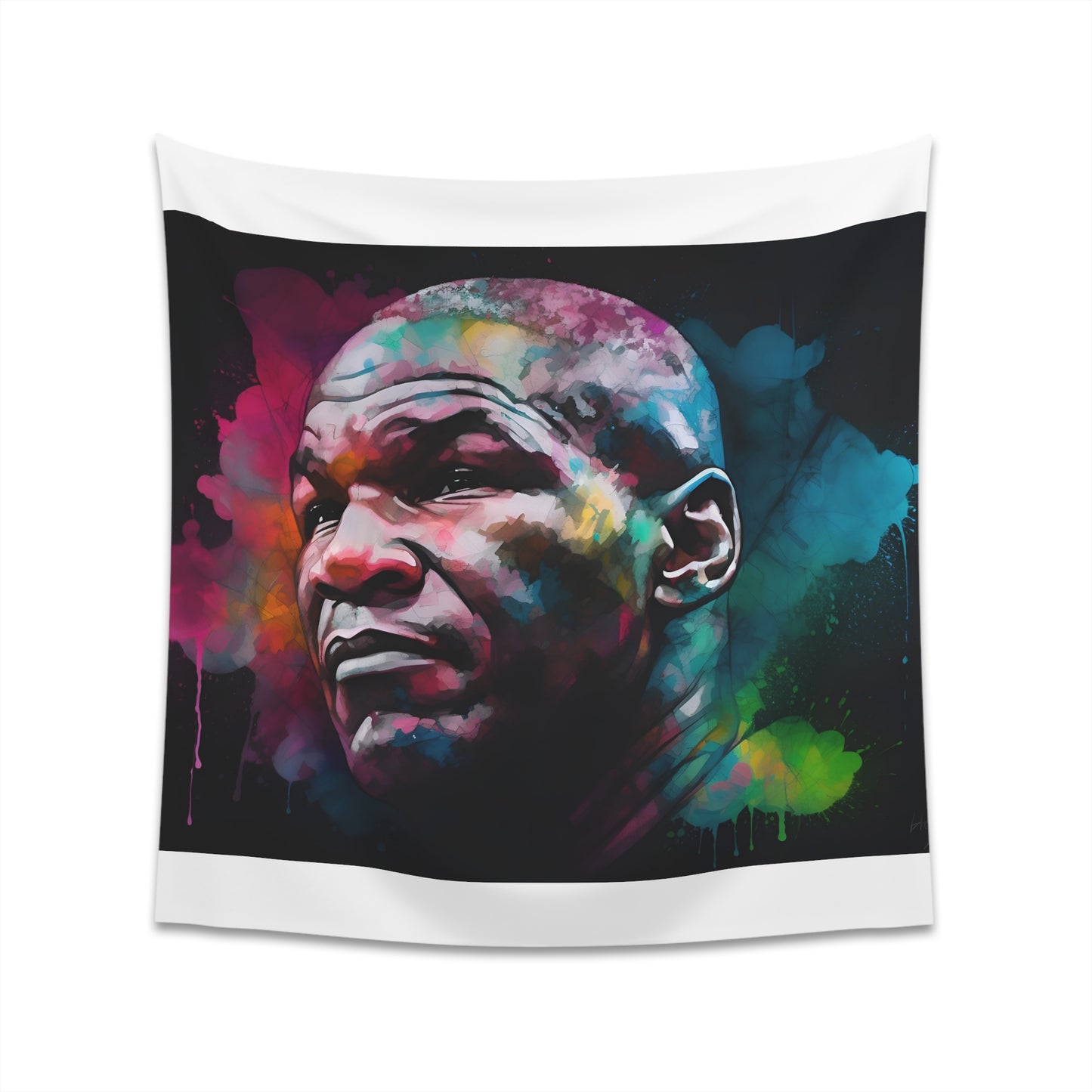 "Mike Tyson Watercolor Tapestry - Neon art celebrating the ferocity of Iron Mike, perfect for boxing fans. Available in 34"×40" and 57"×57". High-quality material, makes a great gift. Shop now at BenCPrints."