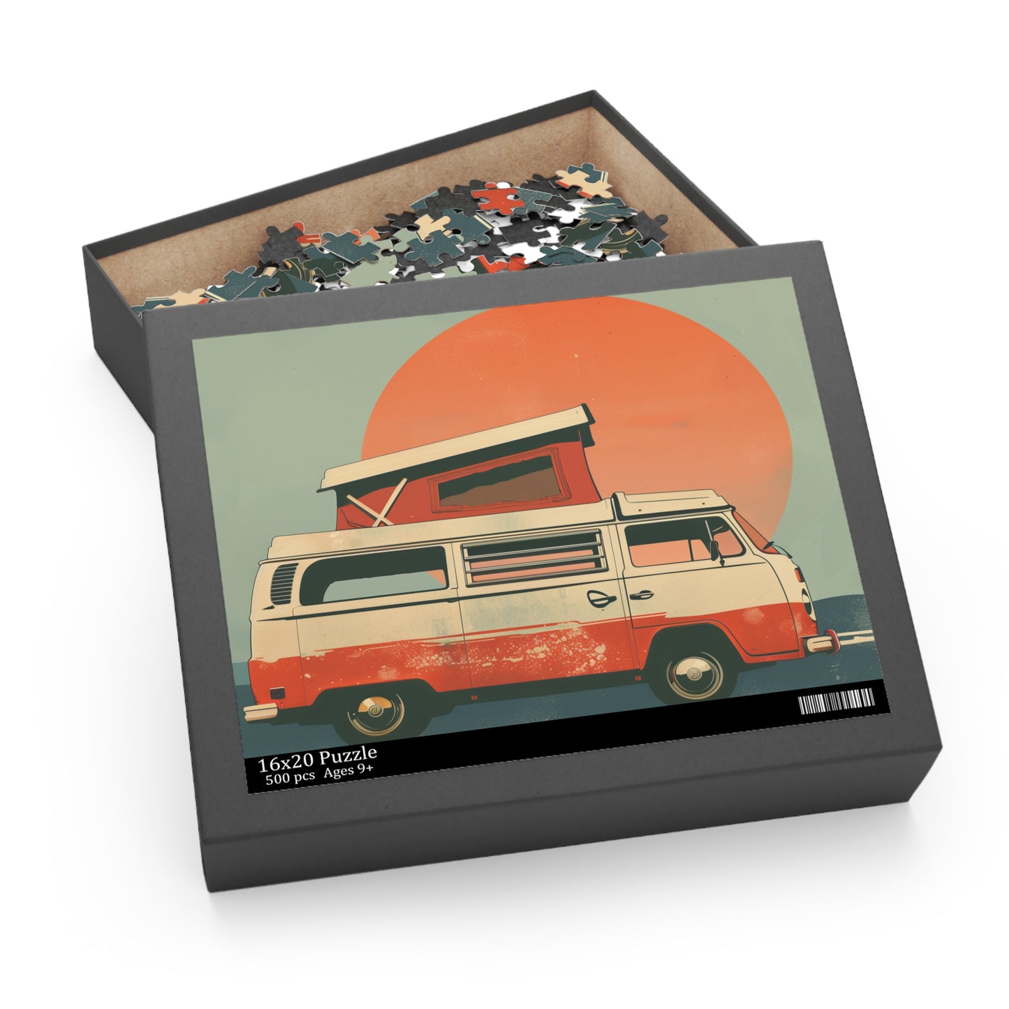 1000-piece Retro Camper Van Sunset jigsaw puzzle for travel enthusiasts - vibrant sunset backdrop