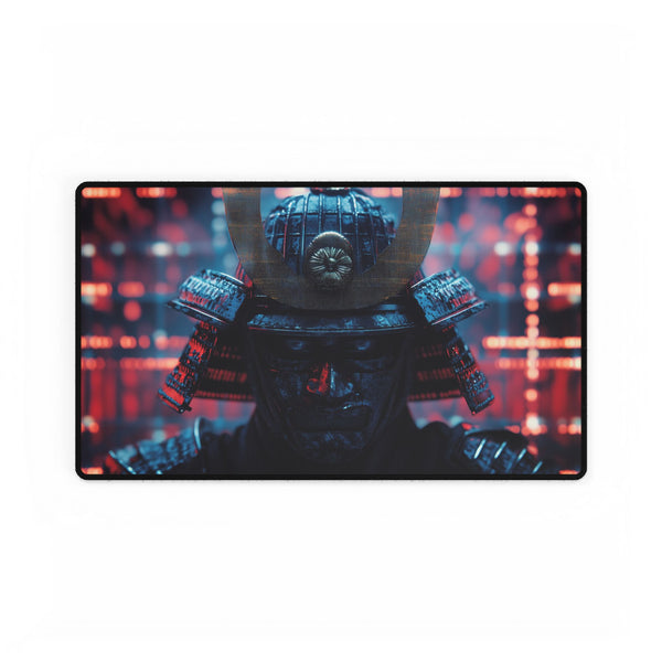 Samurai Helmet over Digital Grid — XL & XXL Desk Mat — Gaming & Workspace Desk Setup View