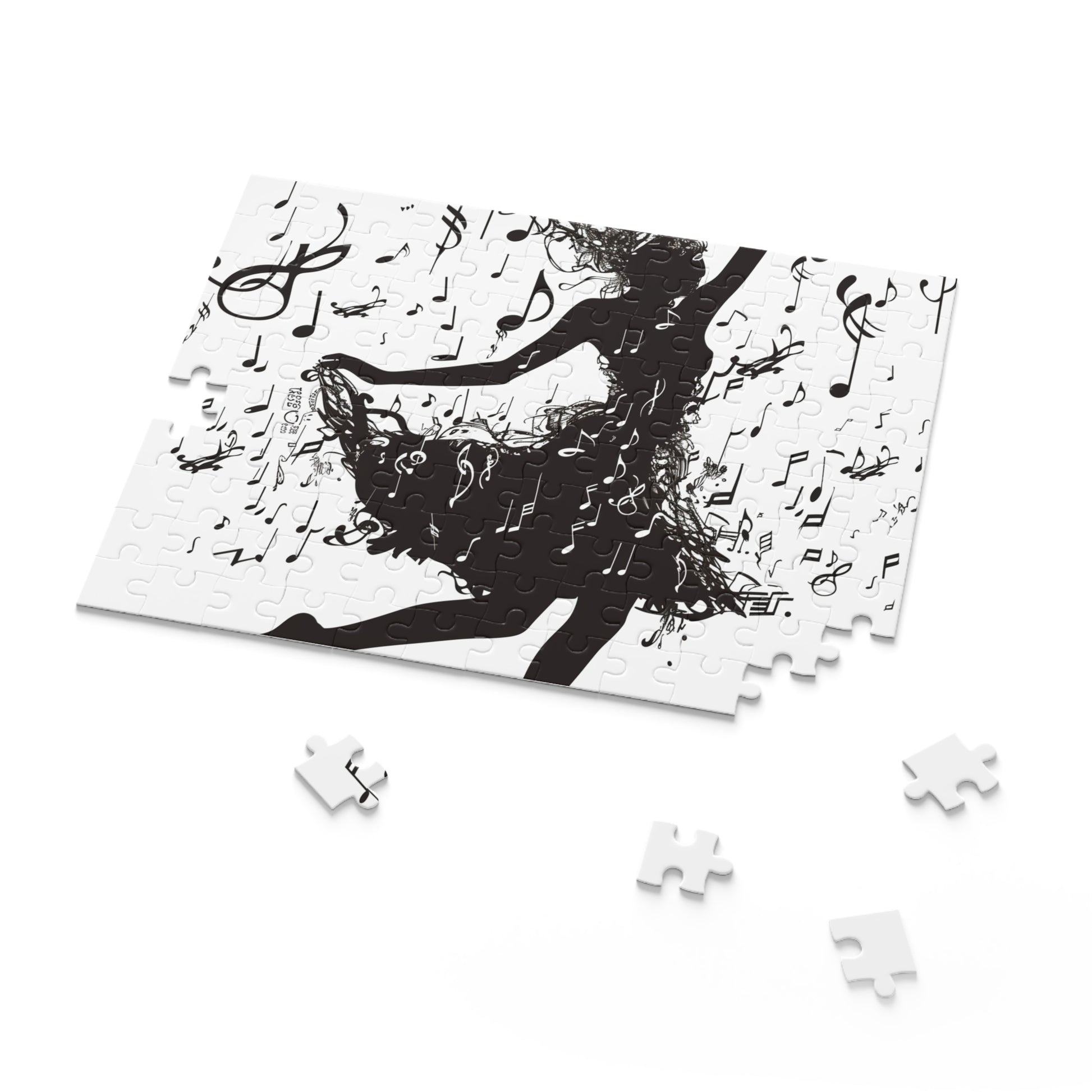 "Captivating Dancer's Musical Notes Jigsaw Puzzle - Beautiful silhouette surrounded by whimsical notes, perfect for music lovers and dancers."