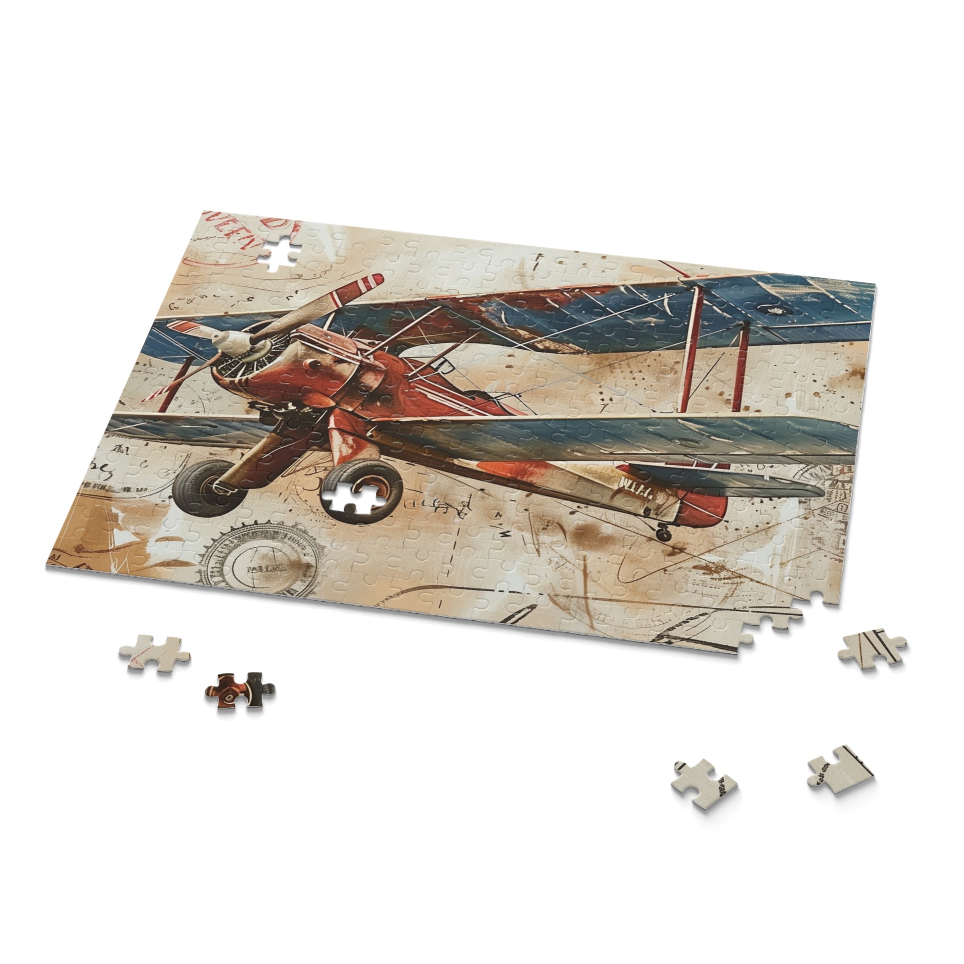 Vintage Airplane Travel Stamp Puzzle - Colorful jigsaw for aviation enthusiasts and travel lovers, piece together nostalgia with this engaging puzzle.