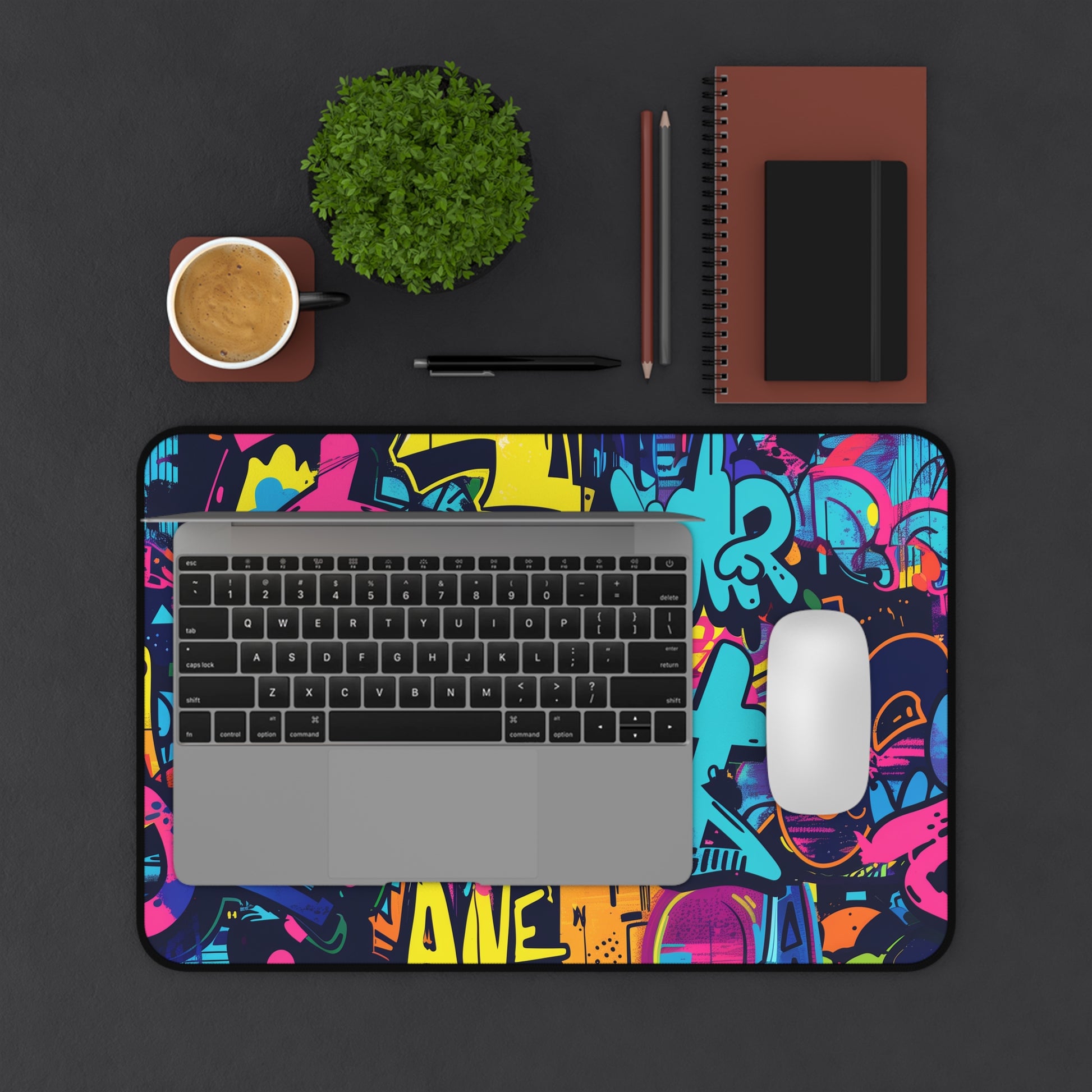 "Neon Urban Graffiti Desk Mat - Stylish workspace accessory with colorful urban vibes"